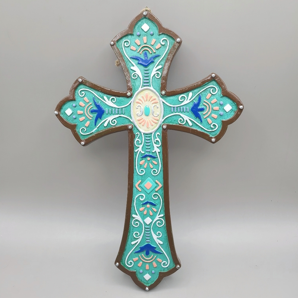 Wooden Wall Cross with Turquoise Inlay & Scroll Details - Picture 4 of 5